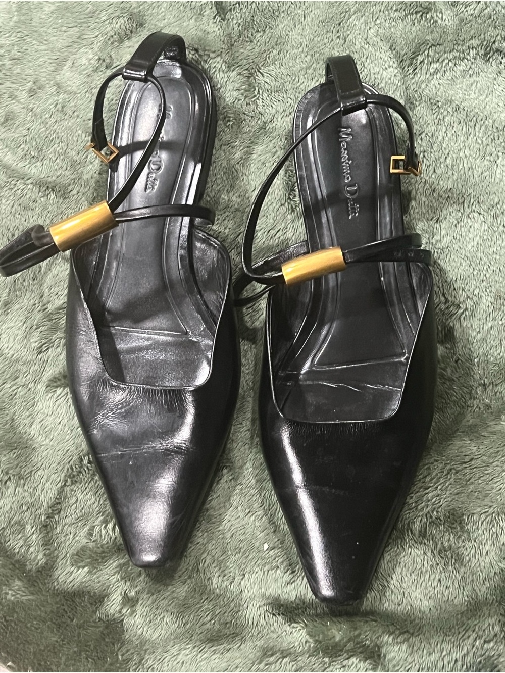 Massimo Dutti Black Pointed Leather Slingback Flats with Gold Accent
